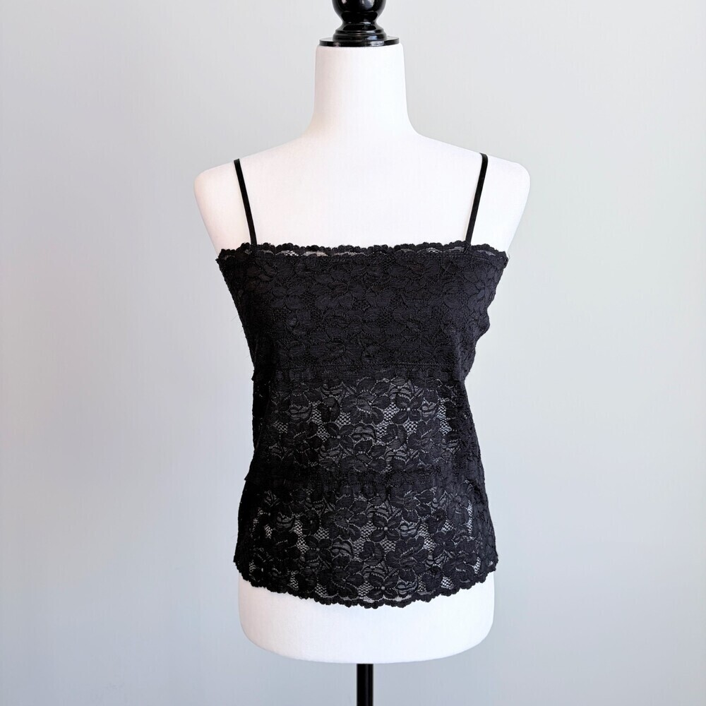 Y2K Lace Tank Square Neckline Cami Dark Romantic Long Mini Straps Black Size XL